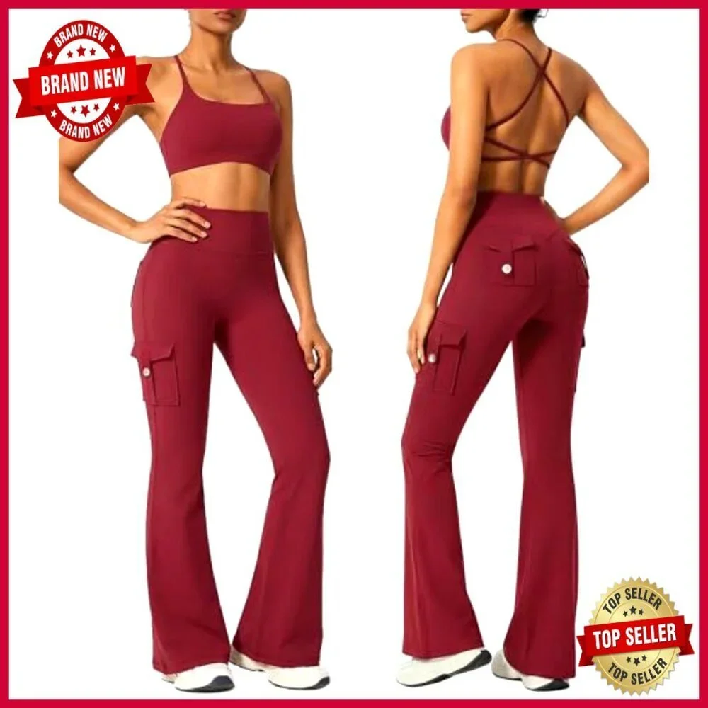 2 Piece Workout Set Flare Leggings with Pockets High Waisted Cargo Gym Yoga